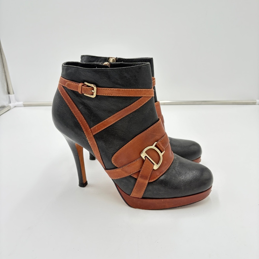 Cole Haan Carolyn Strappy Black Brown Leather Ankle Boots Stiletto Heel Platform